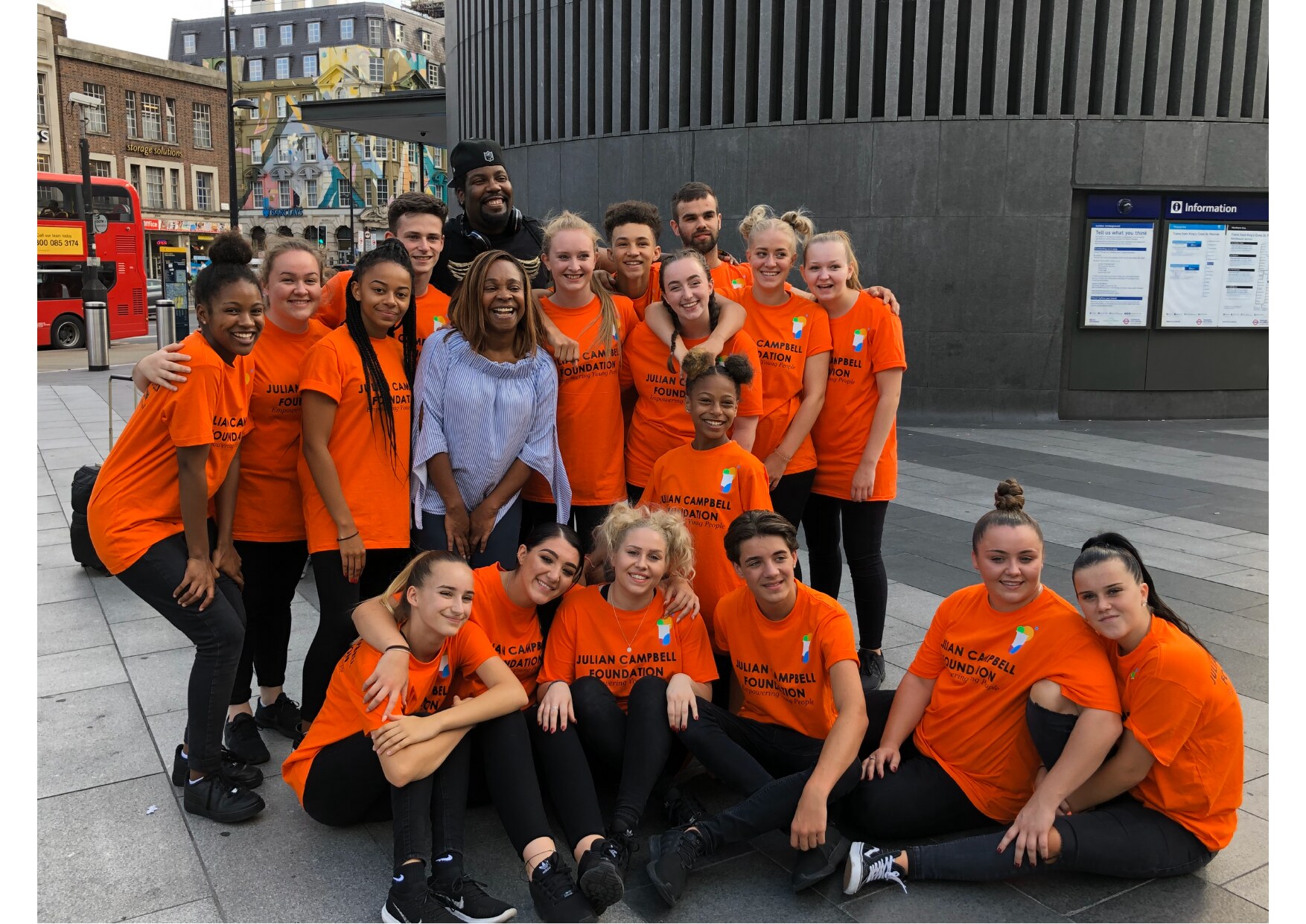 Jacqui Campbell with young performers and the JCF team at Youth Wellbeing Day 2019